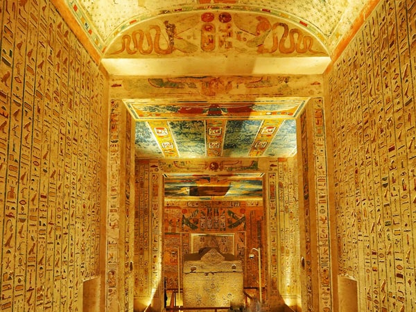 a golden Egyptian Hieroglyphics in the Valley of Kings