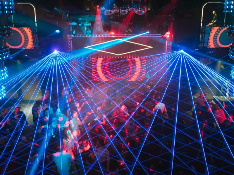 a laser top dance party onboard Virgin Voyages’ Resilient Lady