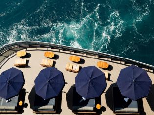 Aerial shot of cruise ship umbrellas