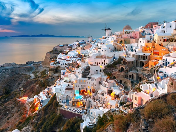 a picturesque view of Oia town on Santorini island, Greece.