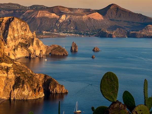 a scenic view of Vulcano Island from Lipari Island, Sicily