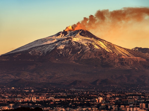 smoke coming out of Mount Etna volcano, Taormina, Sicily