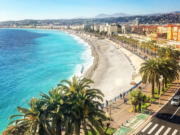 Overlooking the beach, promenade and boardwalk in Nice, France