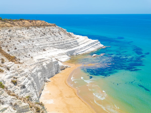 an aerial view of the white cliff at Scaladei Turchi, Agrigento, Sicily