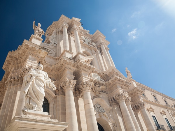 a close-up shot of the Syracuse Cathedral,