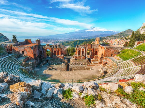 the Teatro Antico di Taormina amphitheatre in Taormina, Sicily