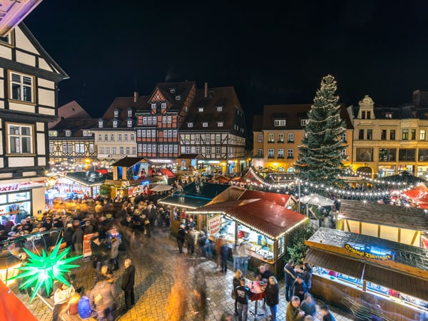 Christmas lights covering the streets of the medieval town Quedlinburg