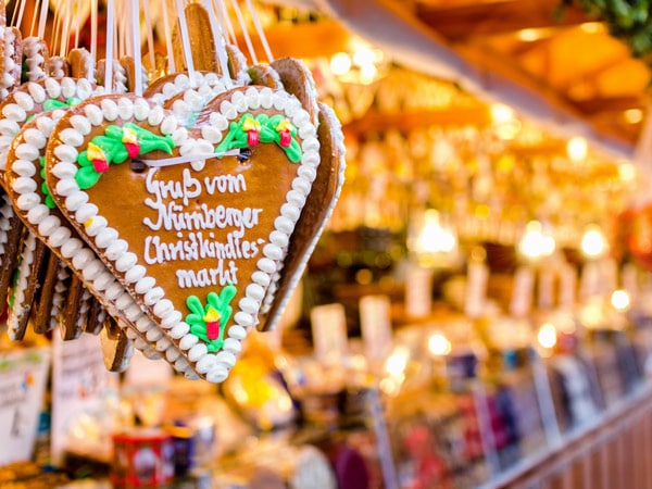 a Lebkuchenherzen, or gingerbread hearts at a market stall in Nuremberg