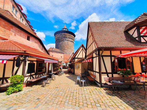 half-timbered houses and artisan shops along Nuremberg Handwerkerhof
