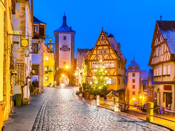 bright structures along the medieval German town of Rothenburg ob der Tauber