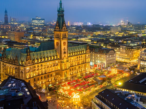 View over Hamburg Christmas market from the top of the Petri Church.