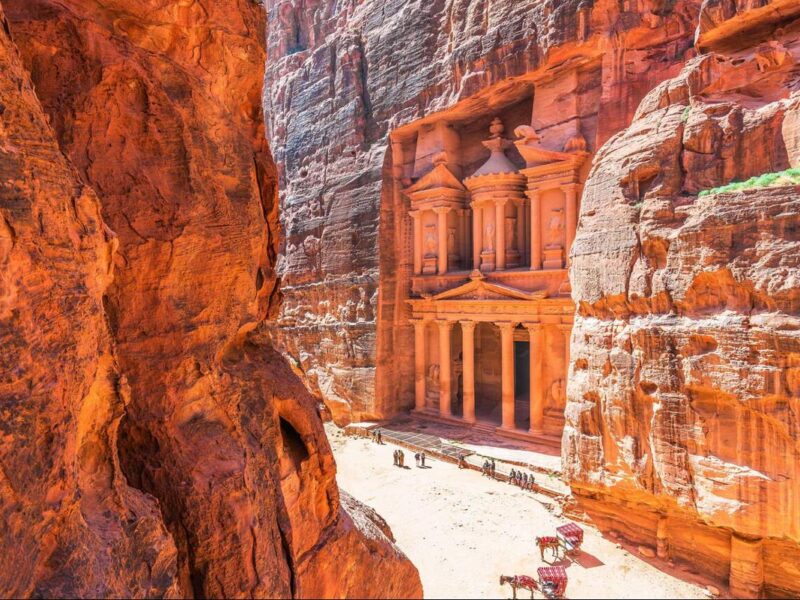 the rock-carved facade of The Treasury, Petra, Jordan