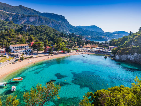 an aerial view of a beach in Corfu, Greece