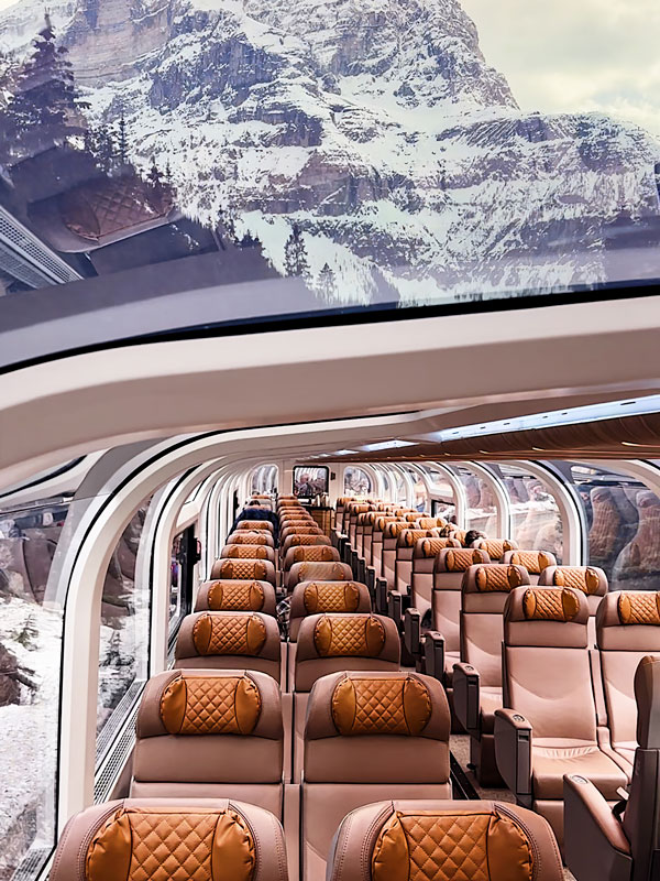 the glass-dome GoldLeaf carriage with 360-degree views of the incredible scenery in Alberta