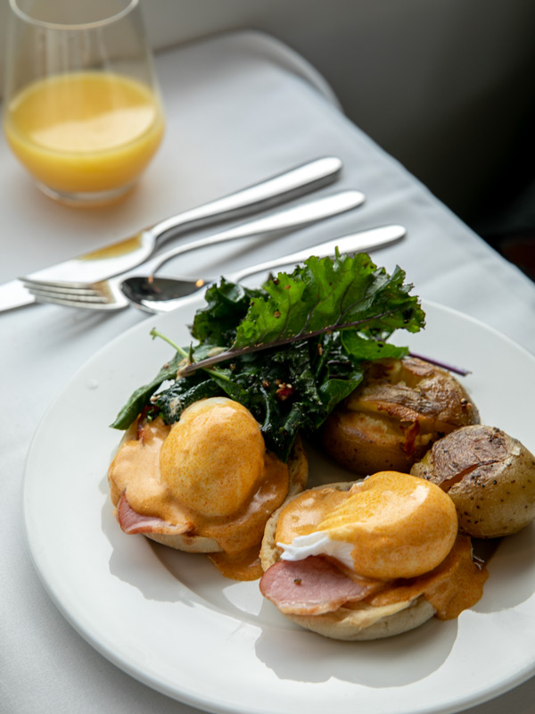 a gourmet breakfast onboard the Rocky Mountaineer train