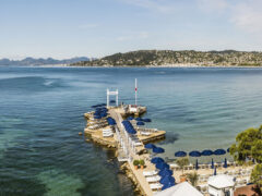 an aerial view of a private beach at Belles Rives