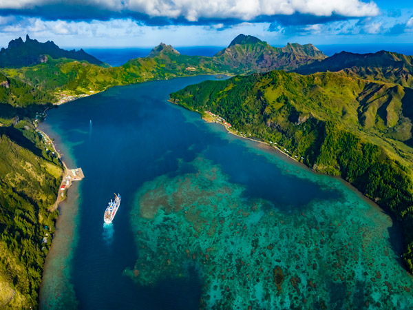 an aerial shot of the Austral Islands with Aranui