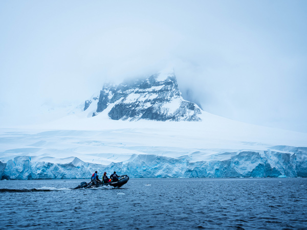 zodiac cruising at Prospect Point in Antarctica