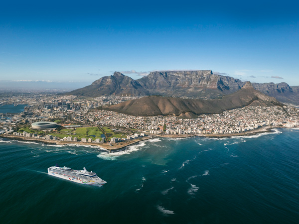 an aerial view of NCL's Norwegian Jewel ship at Cape Town, South Africa
