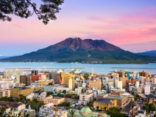 Kagoshima, Japan with Sakurajima Volcano.