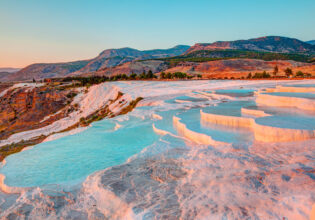 Natural travertine pools and terraces in Pamukkale. Cotton castle in southwestern Turkey