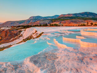 Natural travertine pools and terraces in Pamukkale. Cotton castle in southwestern Turkey