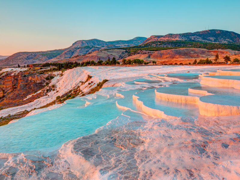 Natural travertine pools and terraces in Pamukkale. Cotton castle in southwestern Turkey