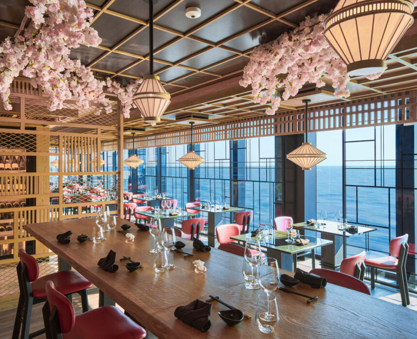 cherry blossoms hanging from the ceiling of Sakura restaurant, Explora I