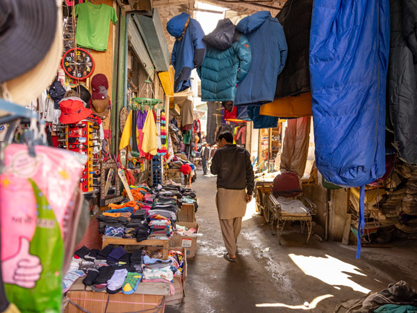 mountaineering gear for sale at the bazaar in Skardu