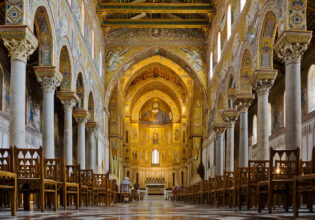 Monreale, Sicily, cathedral. Interior with nave, altar, and choir
