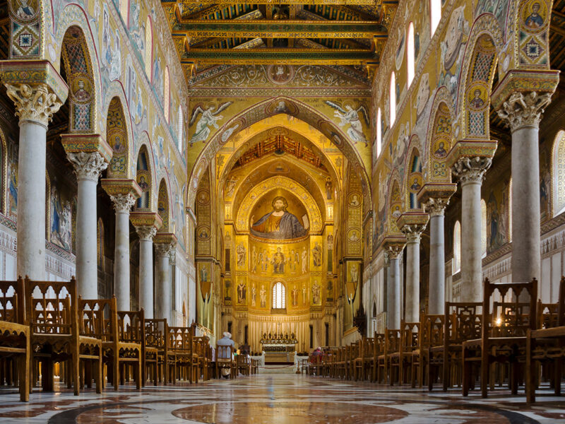 Monreale, Sicily, cathedral. Interior with nave, altar, and choir