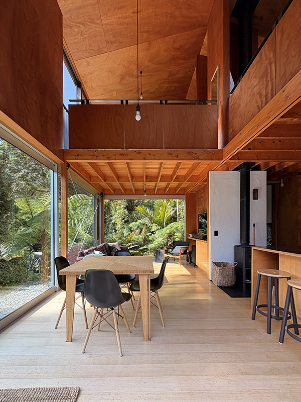 The wooden interiors of Punakaiki Forest Retreat.