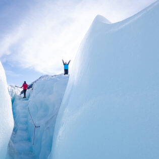 hikers at the top of Fox Glacier, west coast new zealand