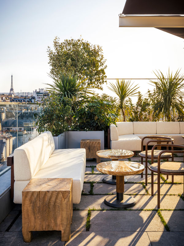 the rooftop deck at La Fondation hotel in Paris