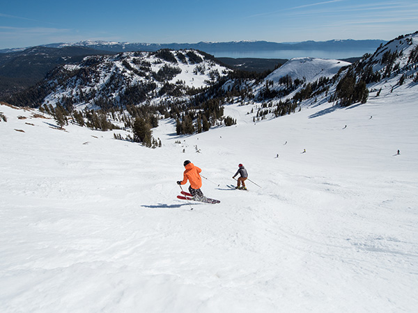 Skiers in Truckee, California road trip stop