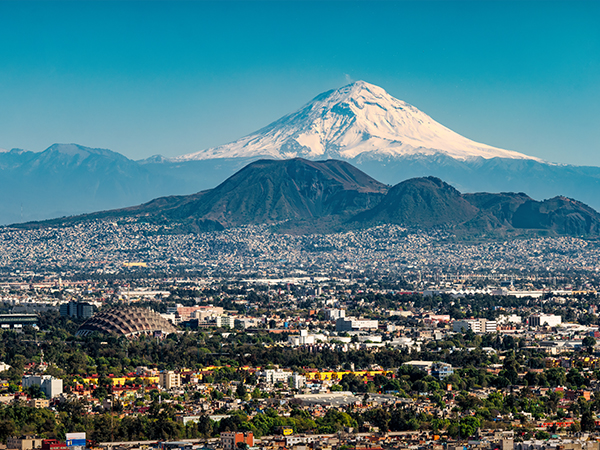Snow covered Popocatepetl Volcano as seen from Mexico City, Mexico.