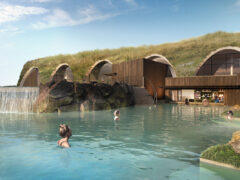 A render of the waterfall and swim-up bar in the Lower Lagoon of Iceland's newest geothermal bathing house