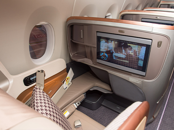 A business class seat on a Singapore Airlines plane