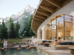 The new thermal pools with a backdrop of the Canadian Rockies at BASIN Glacial Waters