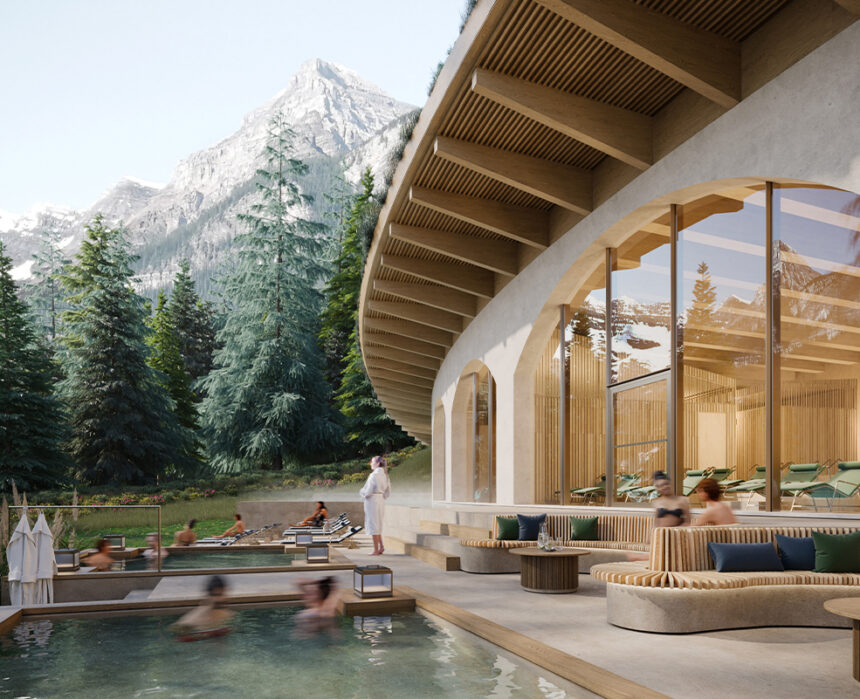 The new thermal pools with a backdrop of the Canadian Rockies at BASIN Glacial Waters