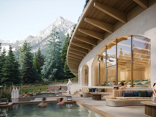 The new thermal pools with a backdrop of the Canadian Rockies at BASIN Glacial Waters