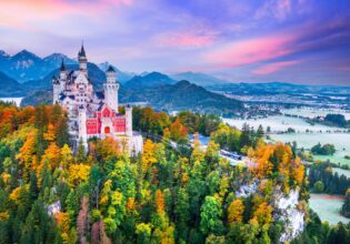 Neuschwanstein, Bavaria - Famous Bavarian fairytale autumn landscape in Alps, Germany