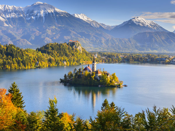 Panoramic view of Lake Bled from Mt. Osojnica, Slovenia