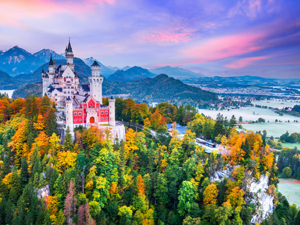 Neuschwanstein, Bavaria - Famous Bavarian fairytale autumn landscape in Alps, Germany