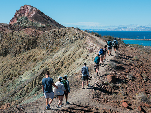 Hikers traverse Isla San Francisco’s sunlit ridges, surrounded by turquoise waters and dramatic desert landscapes.