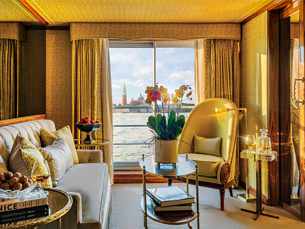 A lavishly decorated living room in a boat