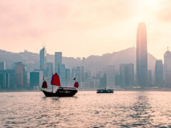 the Dukling boat cruising the Victoria Harbour Hong Kong