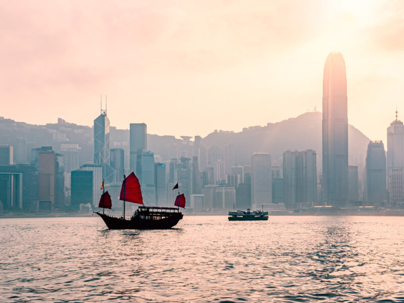 the Dukling boat cruising the Victoria Harbour Hong Kong