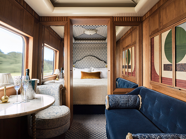 The elegant interior of a luxury sleeper train bedroom from England to Wales in Northern Europe and the UK.