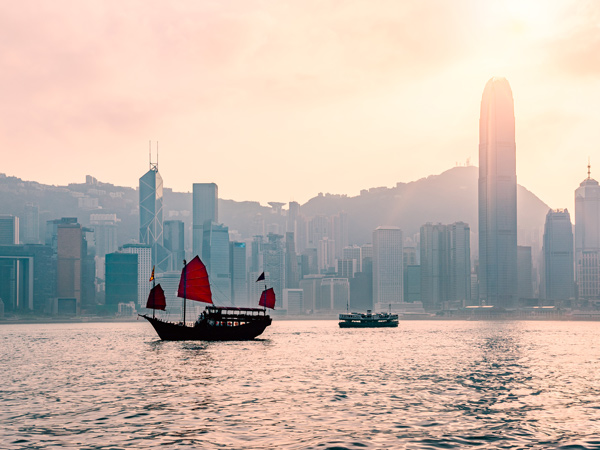 the Dukling boat cruising the Victoria Harbour Hong Kong